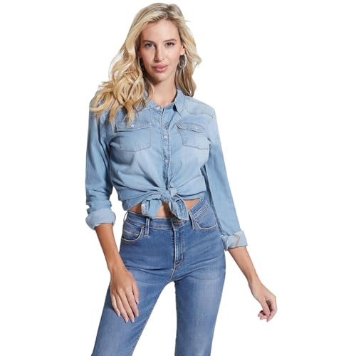 GUESS Women Blue Solid Spread Collar Full Sleeves Shirt
