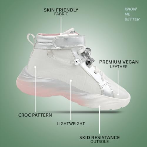 KazarMax Hopits Rise High-Top Sneakers for Kids Girls White with Silver Accents Removable Charms -11 Kids UK