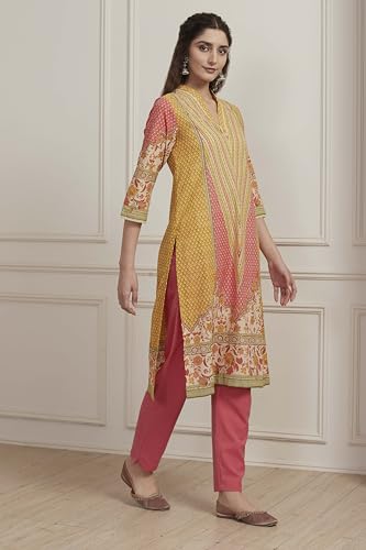 Biba Women Yellow Cotton Printed Straight Kurta_32