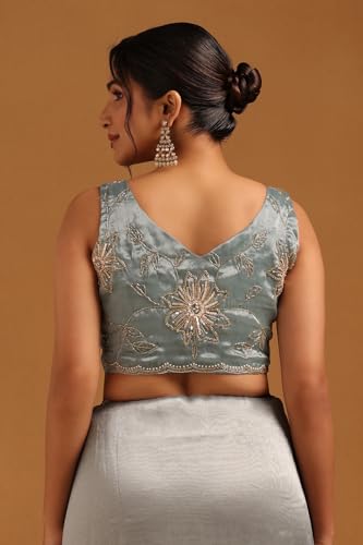 Soch Womens Blue Organza Floral Saree With Cutdana