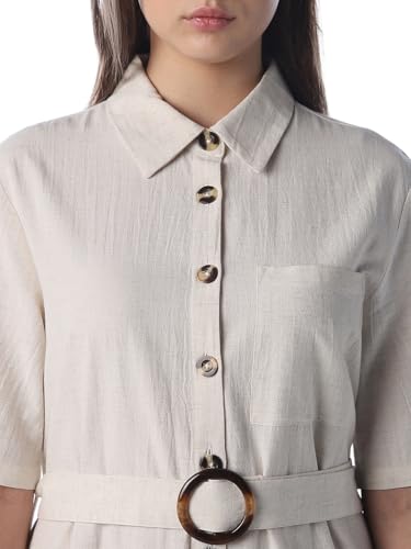 ONLY Women's Solid Fit and Flare White Dress with Belt