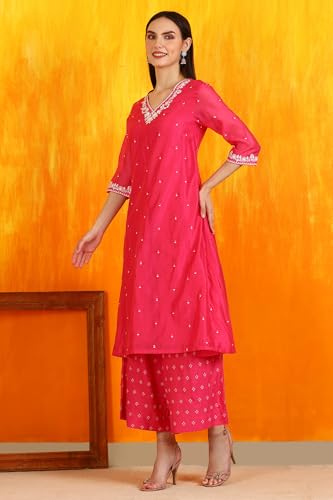 W for Woman Pink Embroidered Chanderi Panelled Kurta, Cropped Pants and Dupatta Set (Size: M)-WS12729-223576