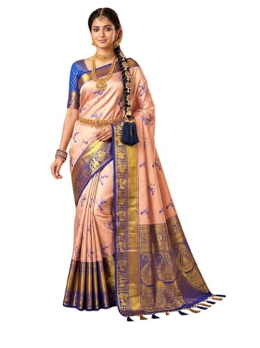 VFCollections Women's Traditional Handloom Kanchipuram Silk Pure Pattu Sarees | Rich Zari Woven Design | Bridal Saree | Unstitched Blouse (VFC696-5)