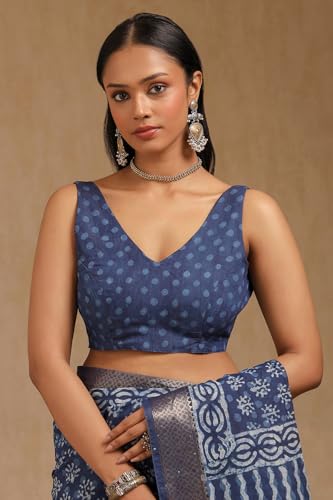 Soch Womens Indigo Viscose Block Print Saree