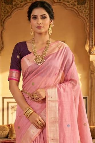 SGF11 Women's Cotton Linen Soft Silk Saree With Unstitched Blouse Piece (Pink)