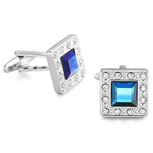 Peora Silver Plated Ocean Blue Navy Swarovski Crystal Square Cufflinks for Men Boys Business Gift