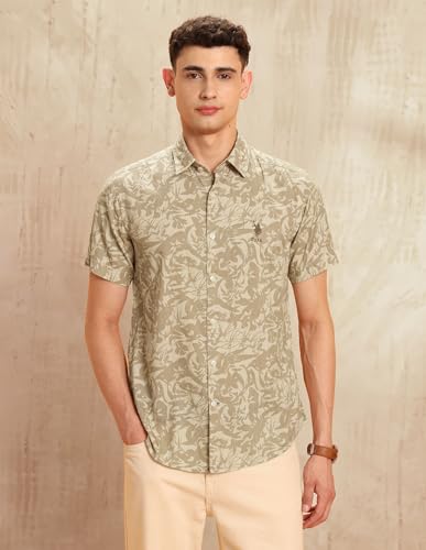 U.S. Polo Assn. Denim Co. Men's Floral Slim Fit Shirt (UDSHT1851_Khaki
