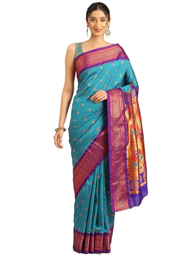 Varkala Silk Sarees Women's Kadiyal Soft Silk Maharani Paithani Saree With Blouse Piece (V262A413-COPR_Rama & Violet)