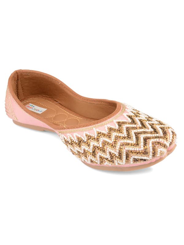 DESI COLOUR Women Ethnic Footwear Mojari/Punjabi Jutti-Pink Pearl Zigzag