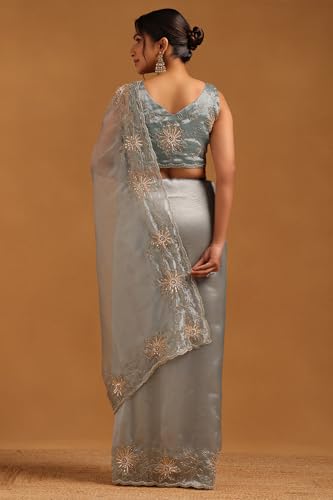 Soch Womens Blue Organza Floral Saree With Cutdana