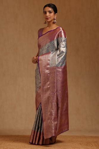 Soch Womens Powder Blue Silk Blend Floral Zari Woven Saree