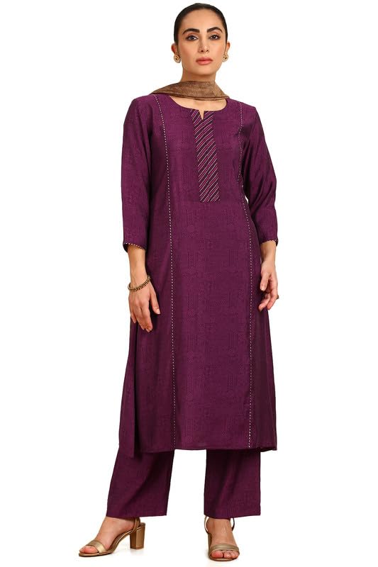 Soch Womens Wine Ethnic Print Notched Neck Muslin Blend Suit Set