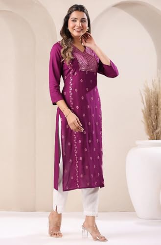 Janasya Women's Purple Rayon Embroidered Straight Kurta (JAA25KR01984-M)