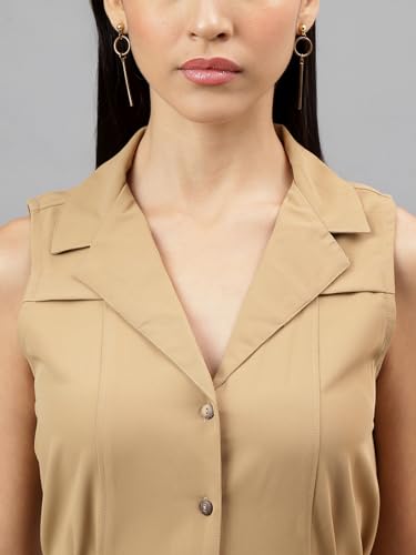 Latin Quarters Women Beige Sleeveless Collar Neck Women Shirt Dress_L