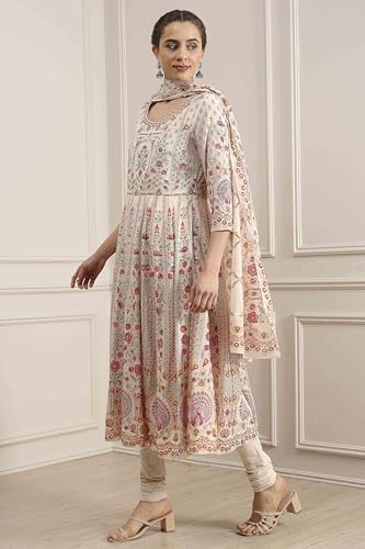 Biba Women's Off White Cotton Anarkali Printed Lehenga Set