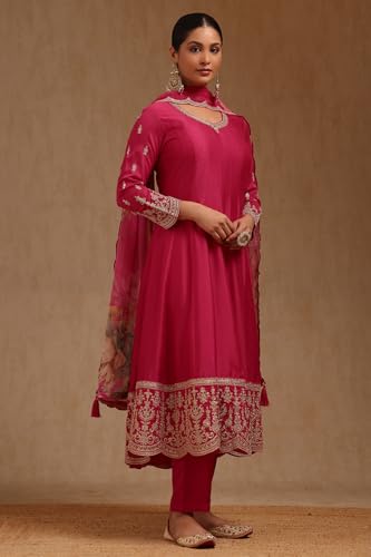 Soch Womens Fuchsia Dola Silk Embroidered Suit Set With Thread Work