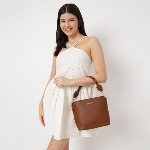 Fastrack Women Dual Carry Sling Bag | Detachable Braided Handle and Adjustable Sling Belt, Top Zip Closure, Inner Zip and Slip Pockets | Sling Bag for Casual Carry, Tan