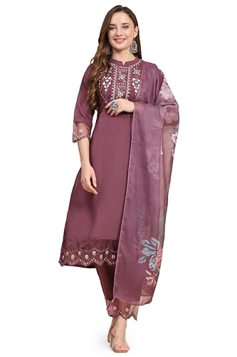 TRENDMALLS Women's Satin Silk Embroidery Salwar Suit Set Kurta Pant with Dupatta (G192-Purple-XXL)