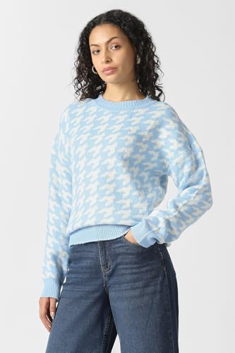 Women Light Blue Print Round Neck Sweater