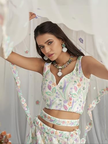 Zeel Clothing Women's Sequins Embroidered Work Soft Net Lehenga Choli With Dupatta (6020-White-Women-Lehenga-Choli-New; Free size)