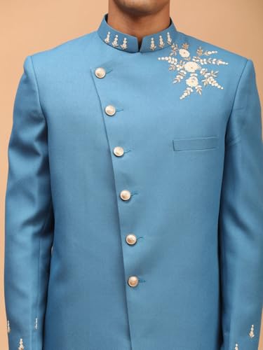 VASTRAMAY Men's Turquoise And Cream Silk Blend Sherwani Set | Classy And Elegant Sherwani With Dhoti in Imported fabric And Pearl work detailing.
