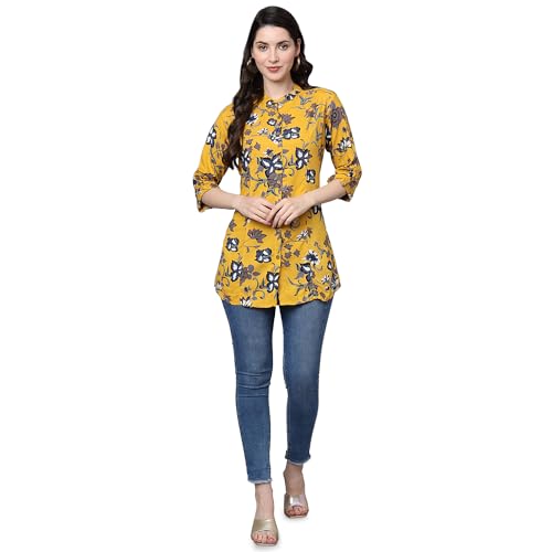 Divena Cotton Floral Print Shirt Style Top (Yellow_L)