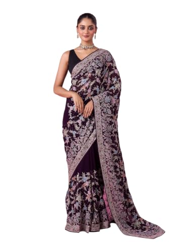 MOHEY Women's Georgette Stone Work, Thread Work & Zari Saree with Blouse Piece (Purple)