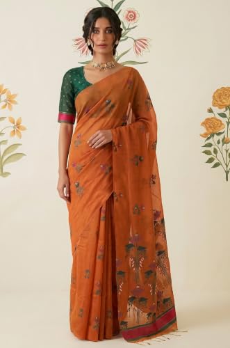 Label Aarna Women's Tangerine Cotton Saree with Unstitched Blouse Piece | Woven | Motifs Across Pallu | Modern Saree