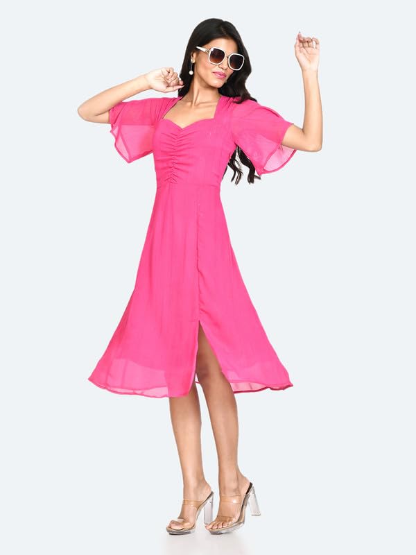 Zink London Women's Pink Solid Short Sleeves Midi Dress