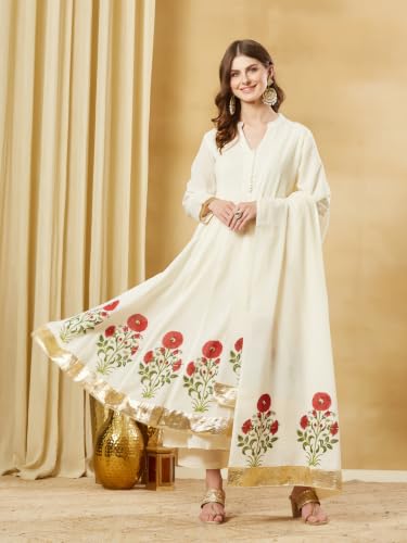 Divena White Cotton Hand Block Anarkali Kurta Sets with Dupatta