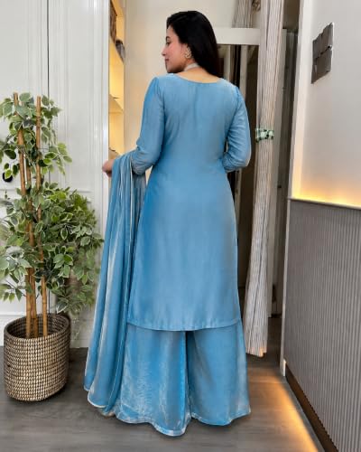 Women's Blue Silk Blend Straight Kurta Set With Dupatta And Palazzo