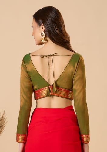 S SALWAR STUDIO Green Cotton Tissue V Neck Full Sleeves Readymade Blouse with Paithani Lace Border