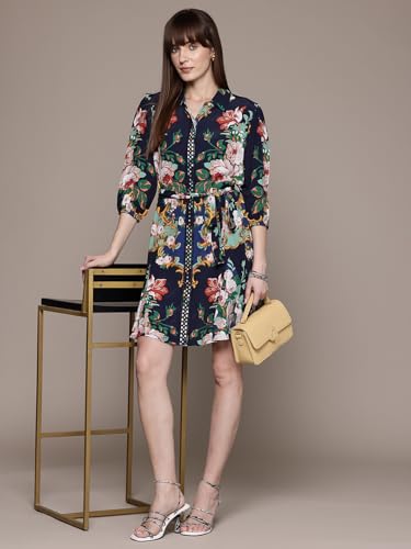 Label RITU KUMAR Navy Miara Collar Neck 3/4 Sleeves Short Dress with Belt
