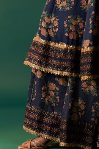 Wishful Women's Navy Blue Floral Printed Beaded Anarkali Modal Satin Kurta with Culottes and Dupatta Set (SP12626-125810-L)