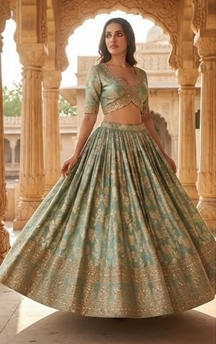 Women's Sea Green Floral Printed Anarkali Dress with Shrug, L