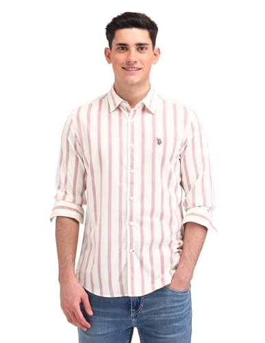 U.S. POLO ASSN. DENIM CO. Vertical Striped Slim Fit Cotton Shirt (UDSHT1388_Rust_40)