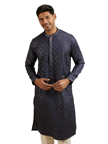 Manyavar Men's Satin Embroidered|Sequins Kurta Pyjama Set (Blue,XL)