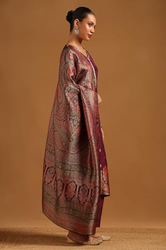 Soch Womens Wine Russian Silk Zari Woven Salwar Suit With Zardosi