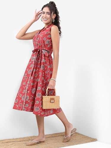 Vishudh Women Sleeveless Collared Neck Dress VNa1002381 Red M