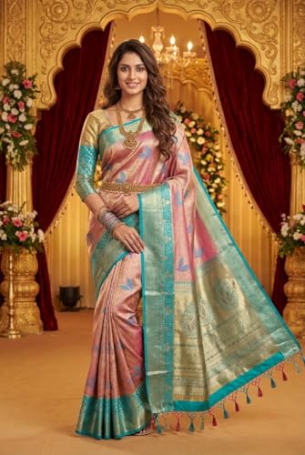 VFCollections Women's Traditional Handloom Kanchipuram Silk Pure Pattu Sarees | Rich Zari Woven Design | Bridal Saree | Unstitched Blouse (VFC721-3)
