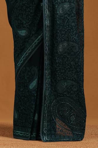 Soch Womens Blue Georgette Paisley Print Saree With Stone Work