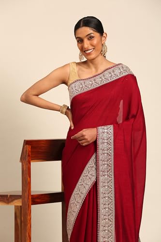 MOHEY Women's Maroon Art Silk Embroidered|Stone Work Saree (Maroon)