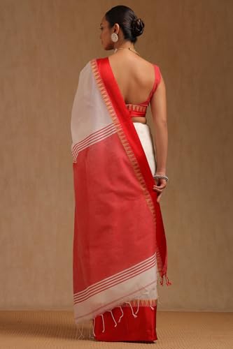 Soch Womens White Cotton Solid Saree