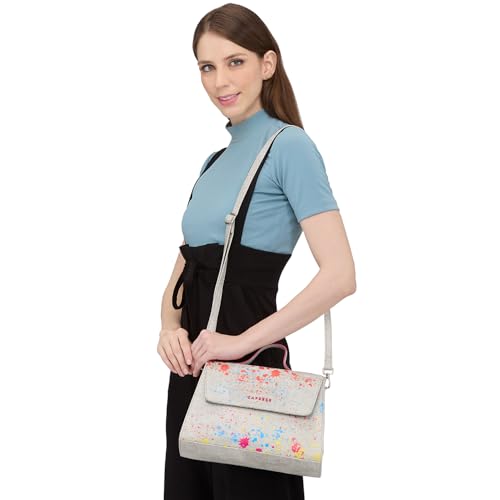 Caprese Splash Satchel Bag, Small | Stylish Printed Handbag for Women with Adjustable & Detachable Sling Strap | Magnetic Snap & Zipper Closure | Ideal for Office & Daily Use (Beige)