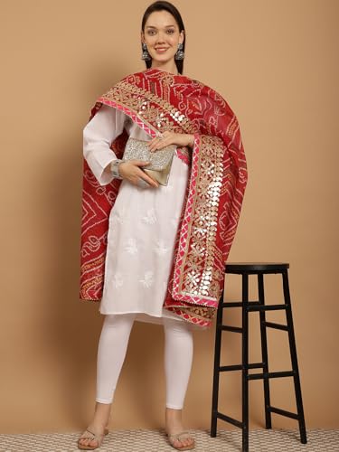 JABAMA Women's 2.3 Meter Cotton Kota Doriya Bandhej Dupatta for Women with Gota Patti Work – Lightweight Ethnic Dupatta for Kurti, Suit & Lehenga | Traditional Rajasthani Bandhani Design