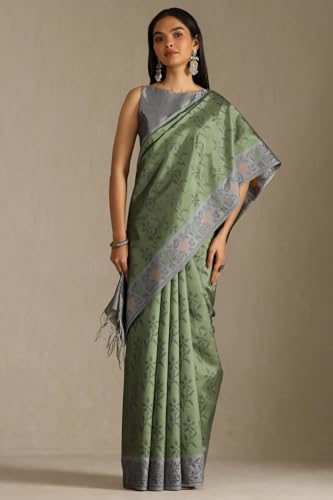 Soch Womens Olive Tussar Floral Print Saree