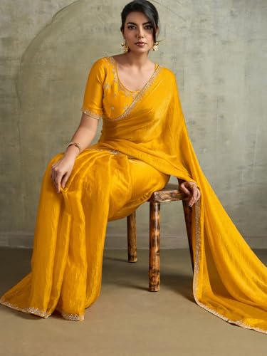 AKHILAM Women's Yellow Chiffon Embellished Saree With Unstitched Blouse Piece (AMELIA13003_SUM)