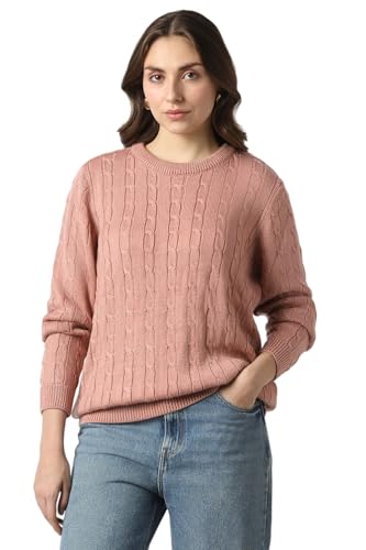 Women Peach Textured Round Neck Sweater