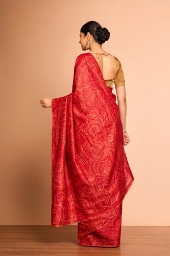 Taneira Women Red Batik Pure Tussar Silk Bengal Saree with Unstitched Blouse Piece (SAIH01AC2160-Red)