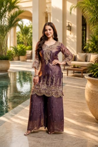 Women's Embroidered Silk Blend Kurta Set With Dupatta And Palazzo